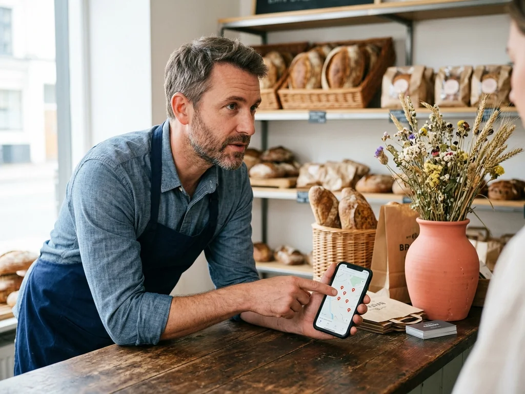 Un commer'ant montre une carte locale sur mobile pour illustrer la visibilit) de proximit).