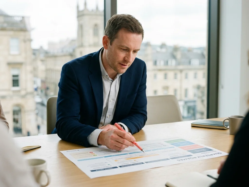 Consultant SEO expliquant une stratégie de croissance sur papier à un entrepreneur tourangeau.