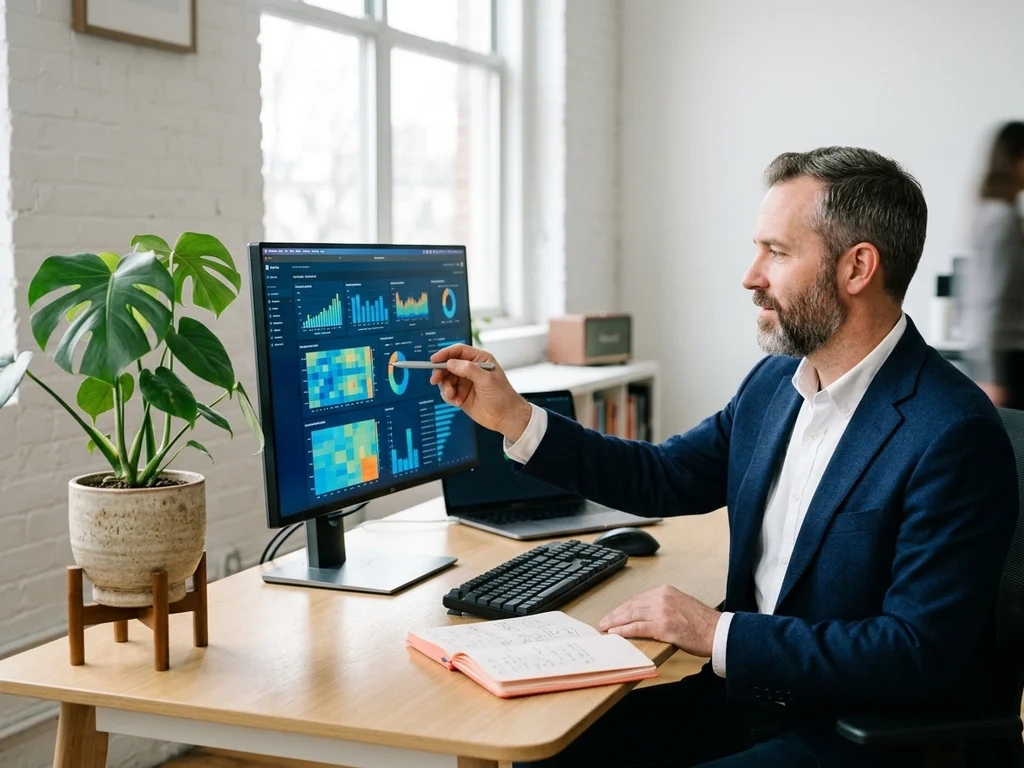 Expert en stratégie digitale analysant des graphiques de performance pour améliorer la visibilité sur Google.