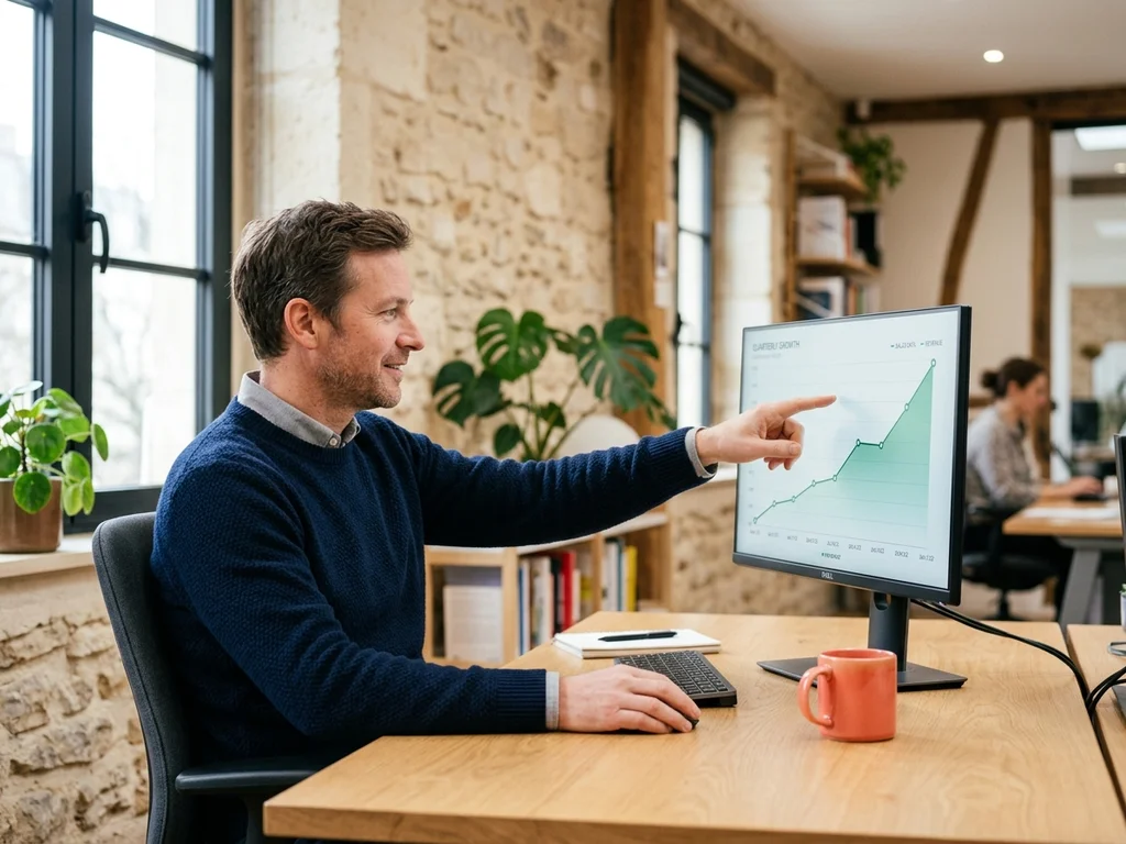 Expert SEO analysant un graphique de croissance positive pour améliorer la visibilité Google d'un client.