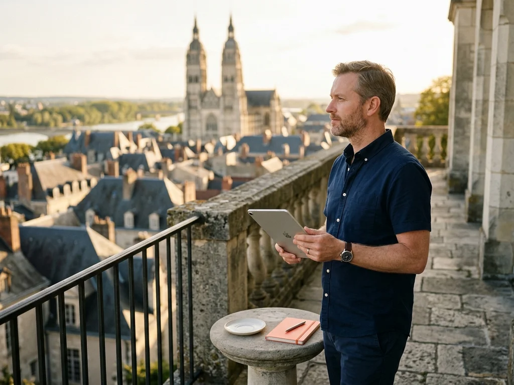Un professionnel observe la cathédrale de Tours, illustrant le déploiement d'une stratégie SEO locale efficace.