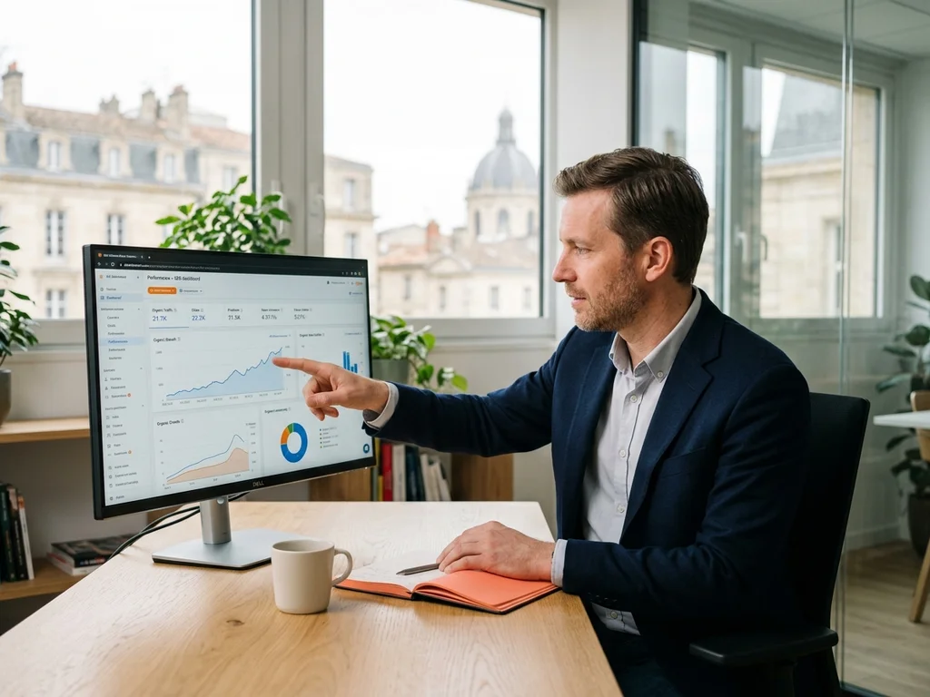 Expert SEO analysant la performance d'un site WordPress pour une stratégie locale à Tours.